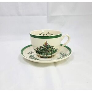 Spode Christmas Tree Teacup and Saucer Set Porcelain Made in England Vintage